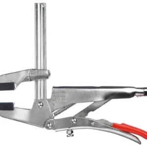 Metal locking clamp with red lever handle.