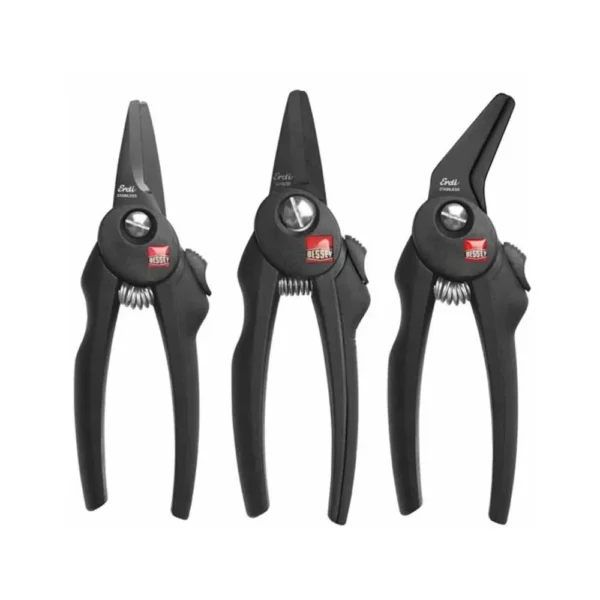 Three black pruning shears side by side.