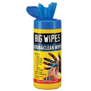 Container of antibacterial cleaning wipes with hand.