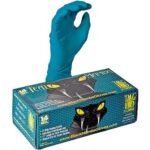 Blue disposable gloves near a packaged box.