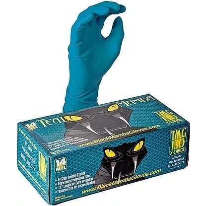 Blue disposable gloves near a packaged box.