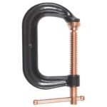 Black C-clamp for woodworking or metalworking.