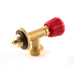 Brass valve with red knob for fluid control