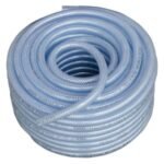 Coiled blue garden hose on a white background.