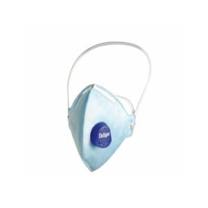 Blue mask with exhalation valve for protection.