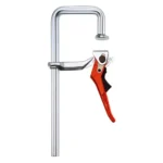 Metal clamp tool with red trigger handle.