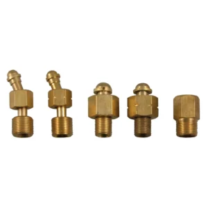 Five brass fittings with different designs and threads.