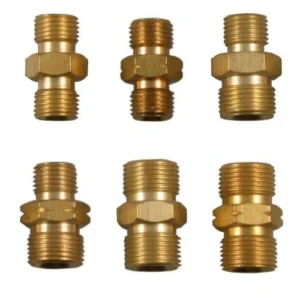 Set of six brass pipe fittings.
