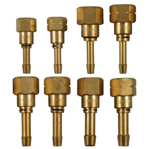 Set of eight brass connectors for various applications.