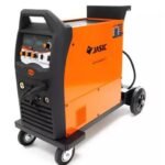 Jasic welding machine on wheels, orange and black.
