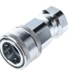 Metal connector with three circular pins.