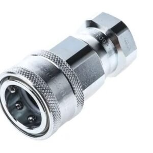 Metal connector with three circular pins.