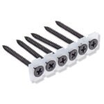 Five black screws on a white holder.