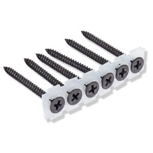 Five black screws on a white holder.