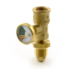 Brass gas valve with pressure gauge.