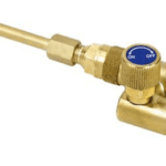 Brass gas valve with red and blue knobs