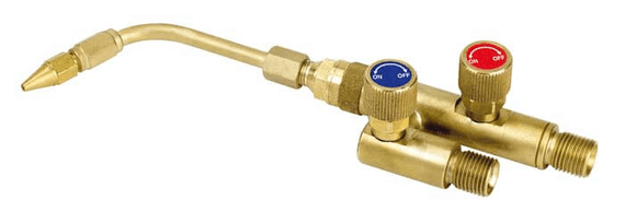 Brass gas valve with red and blue knobs