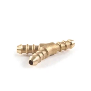 Brass connector fitting with ribbed surface.