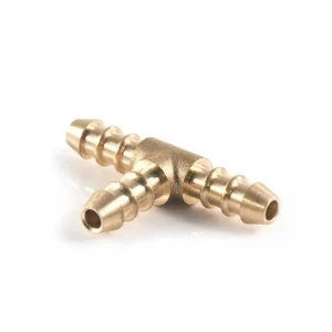 Brass T-shaped connector fitting for plumbing applications.