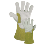 Pair of protective work gloves in beige and white.