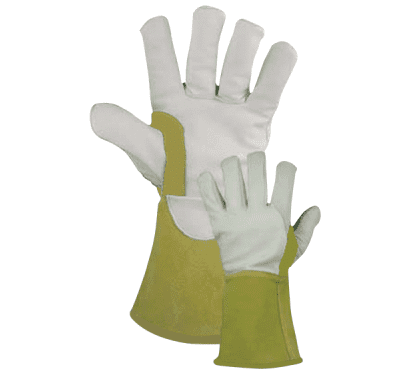 Pair of protective work gloves in beige and white.
