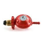 Red gas regulator with brass fitting and hose connection.