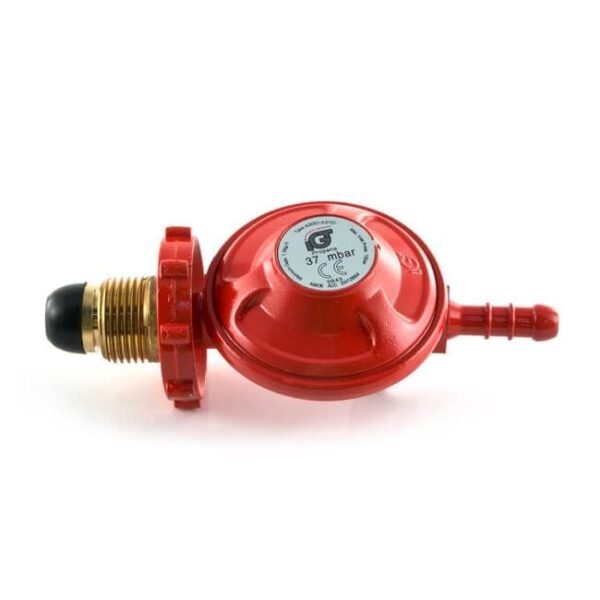 Red gas regulator with brass fitting and hose connection.