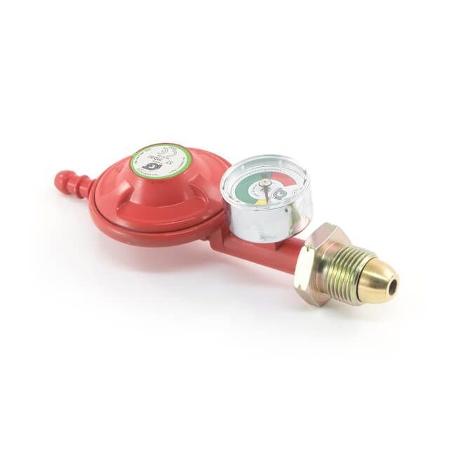 Red gas regulator with pressure gauge