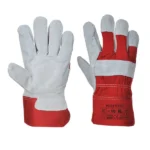 Red and gray safety work gloves for hand protection.