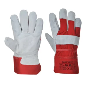 Red and gray safety work gloves for hand protection.