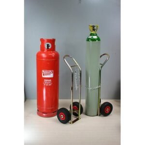 Red propane cylinder and green gas tank with cart.