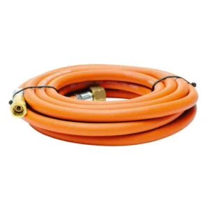 Flexible orange gas hose with metal fittings