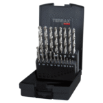Set of metal drill bits in a case.