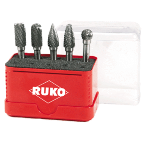 Set of RUKO carbide burrs in a red holder.