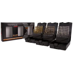 TerraX drill bit set in black storage cases.