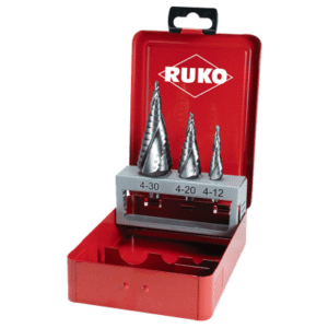 Set of cone-shaped drill bits in red case