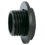 Black threaded pipe fitting with flange.