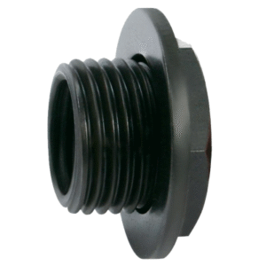 Black threaded pipe fitting with flange.