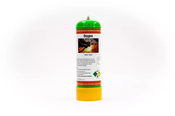 Oxygen gas cylinder with safety instructions.