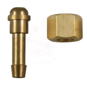 Brass fitting components, including a pin and hex nut.