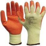 Orange and yellow protective work gloves.