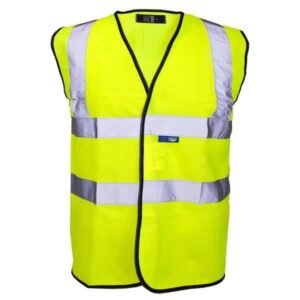 Bright yellow safety vest with reflective stripes.