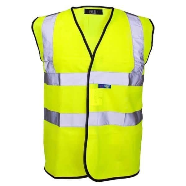 Bright yellow safety vest with reflective stripes.