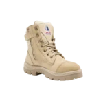 Beige work boot with zipper and lace-up design.