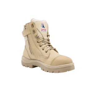 Beige work boot with zipper and lace-up design.