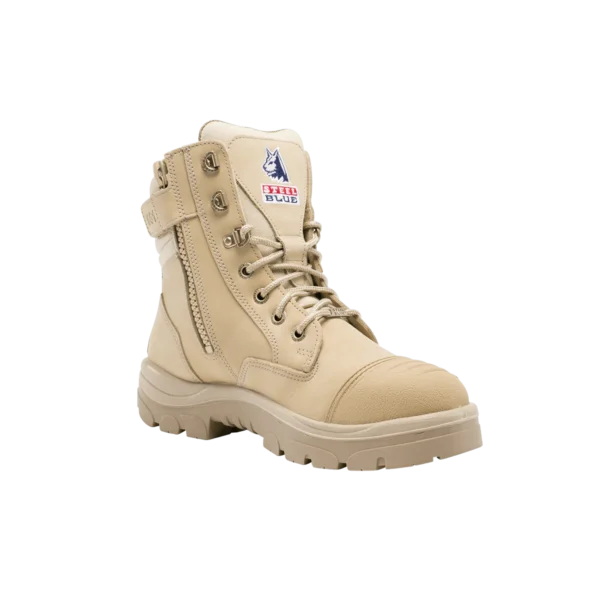Beige work boot with zipper and lace-up design.