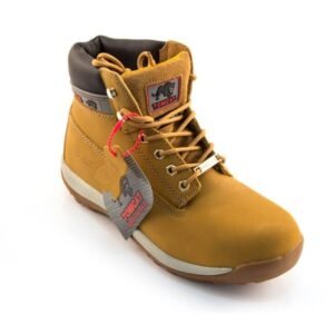 Brown hiking boot with red tag and branding
