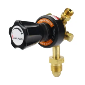 Weldgas propane regulator with black adjustment knob.