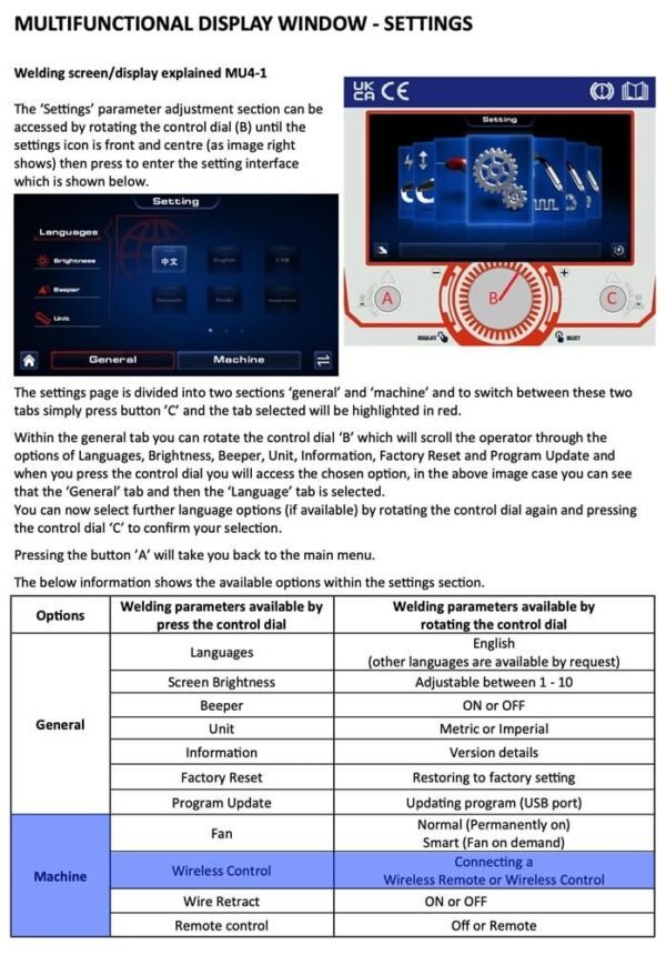 Settings menu for multifunctional welding display interface.