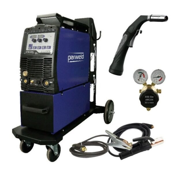 Professional welding machine with accessories and gauges.